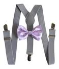 Kit Suspensório Cinza Claro + Gravata Borboleta Lilás