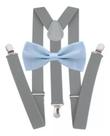 Kit Suspensório Cinza + Gravata Borboleta Azul Bebê