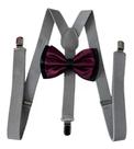 Kit Suspensório Cinza+ Gravata Borboleta Dupla Preto/uva Ref 244/249