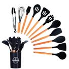 Kit Talheres 12 Utensílios De Cozinha Silicone Cabo Bambu Madeira Conjunto Talheres Colheres Escumadeira Colher Concha Bambu