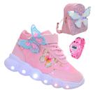 Kit Tenis Botinha Infantil Menina Borboleta Com Luzinha Led + Mochila e Relogio