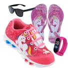 Kit Tenis de led infantil meninas Ledstar calce facil Unicornio desenhos Luzinhas mais chinelo relogio e oculos
