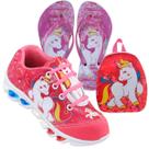 Kit Tenis de led infantil meninas Ledstar calce facil Unicornio desenhos Luzinhas mais Mochila e chinelo