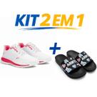 Kit tenis esportivo masculino e feminino leve respiravel caminhada corrida academia mais chinelo slide macio confortavel antiderrapante uso diario