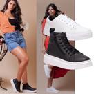 Kit Tênis Feminino Branco Casual E Bota Plataforma Preta Para Um Contraste Moderno E Estiloso. Sola Antiderrapante. Kit Tênis Feminino Branco Casual E Bota Plataforma Preta Para Um Contraste Moderno E Estiloso. Sola Antiderrapante.