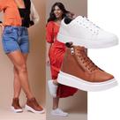 Kit Tênis Feminino Casual Branco Para Um Visual Leve, + Coturno Feminino Plataforma Caramelo Para Uma Dose De Estilo.