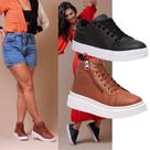 Kit Tênis Feminino Preto Versátil + Bota Plataforma Caramelo Elegante, Para Um Estilo Que Combina Casualidade.