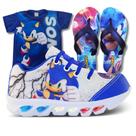 Kit Tênis Led Infantil Menino Masculino Sonic + Chinelo + Camisa