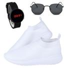 Kit Tênis Masculino Passeio Super Leve Branco + Relógio Digital Silicone + Óculos Hexagonal Preto