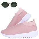 Kit Tênis Meia Feminino Super Leve Confortável Rosa + Óculos Hexagonal Dourado