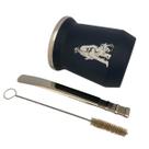 Kit tereré cuia copo redondo 350ml alumínio parede dupla azul + bomba clássica tela luxo 18cm prata + escova higiene