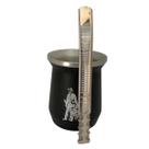 Kit tereré cuia copo redondo 350ml alumínio parede dupla preto + bomba premium tela luxo 18cm prata + escova higiene