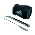 Kit tereré cuia copo redondo 350ml alumínio parede dupla preto + bomba V6 tela luxo 18,7cm prata + escova higiene