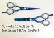 KIT Tesouras Fio Navalha e Dentada Titânio Maryam Trading Azul com Flores 5.5