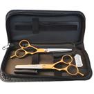 Kit tesouras profissional cabelereiro estojo 4 peças dourado lmf-1150
