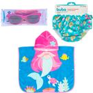 Kit Toalha Poncho Sereia + Óculos de Sol Rosa e Roxo + Biquini de Banho com Fralda Reutilizável - Buba