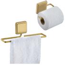 Kit Toalheiro Rosto Porta Toalha Suporte Papel Higiênico Banheiro Adesivo Dupla Face Dourado - Future