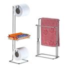 Kit Toalheiro Suporte Toalha Rosto Duplo + Porta Papel Higiênico Chão Banheiro Cromado - Future