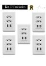 kit Tomada De Parede Dupla 10A Com Espelho Branco 4x2 Com 2 Portas Usb 3A - Conjunto 5 Unidades