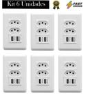 Kit Tomada De Parede Dupla 10A Com Espelho Branco 4x2 Com 2 Portas Usb 3A - Conjunto 6 Unidades