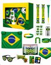 Kit Torcedor Brasil 12 Itens Com Bandeira 150x90cm Óculos Vuvuzela Bastões Pulseira Bandana Pintura Facial Adesivos Calendário 2026 Festa Jogos Evento
