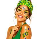 Kit Torcida Brasil Feminino Glow Completo Maquiagem Neon + Glitter + Face Jewels + Bandana + Tatuagem
