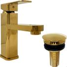 Kit Torneira Banheiro Dourada Bica Baixa E Válvula Click ⅞ Aço Inox Brilhoso Torneira Monocomando Misturador Bancada Lavabo E Ralo De Pia 3cm