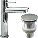 Kit Torneira Bica Baixa Inox 304 Cromado e Válvula Click 1 ¼ Ralo Pia Banheiro Torneira Fria Simples ¼ De Volta Ralo Escoamento Cuba Lavatorio 4cm