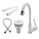 Kit Torneira Cromada Lavatório Banheiro Bancada e Válvula Pia Cuba e Engate Alta Pressão e Sifão Instalação Completa Branco ABS