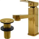 Kit Torneira Dourada Banheiro Monocomando Válvula click ⅞ Aço Inox Ralo de Escoamento Pia Cuba 30mm Gold Luxo Brilhoso Agua Quente Fria Bica Baixa