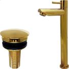 Kit Torneira Dourada Bica Alta e Válvula Click 3cm Aço Inox Pia Banheiro Torneira Fria Simples ¼ De Volta Cuba De Sobrepor E Ralo Pia Lavatorio 30mm