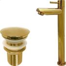 Kit Torneira Dourada Bica Alta Válvula Click 1¼ Inox Pia Banheiro Torneira Fria Simples ¼ Volta