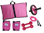 Kit Tornozeleira 6KG Rosa + Halteres 6KG Rosa + Colchonete Rosa + Roda Abdominal Rosa + Pula Corda