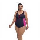 Kit Touca e Maiô Natação Plus Size com Sustentação Light UV 50+ Preto com Detalhe em Pink