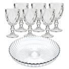 Kit Travessa Prato Fruteira Jogo Conjunto 6 Taças Vidro Transparente Grosso Diamond Diamante Vinho Água Gourmet 340ml