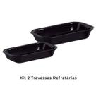 Kit Travessa Retangular Preta Cerâmica Assadeira Forno 2 Peças