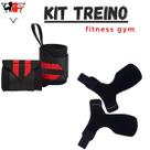 Kit Treino Luva Hand Grip Couro Legitimo Munhequeira Profissional Ajustavel Exercício Funcional e Academia