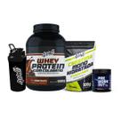 Kit Treino Noturno Whey Protein 900g + Creatina 500g + Pré-Treino 300g Sem Cafeína + Coqueteleira Sabor:Chocolate