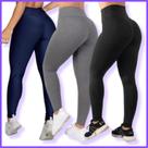 KIT TRÊS Calças LEGGINGS, Feminina, Suplex, Academia Fitness Treino Preta, Cinza e Azul