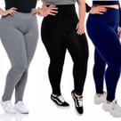 KIT TRÊS Calças LEGGINGS, Feminina, Suplex, Academia Fitness Treino Preta, Cinza e Azul