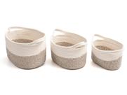 Kit Trio Cestos Organizador Decorativo Multiuso Fibra Algodão Natural Branco e Bege Oval Lavanderia