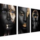 Kit Trio Quadros Decorativos Mulheres Negras Preto e Dourado 20x30cm para Parede Salão de Beleza Fashion
