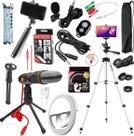 Kit Tripé Profissional Microfone Condensador Lapela Flash Clip Led Bastão Selfie Celular Universal Gravar Vídeo Youtuber