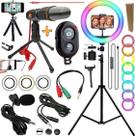 Kit Tripé Profissional Pedestal 2,10m + Iluminador Ring Light Rgb Anel Luz Suporte Celular Universal Microfone Mesa Hing