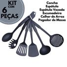 Kit Utensílios Cozinha Nylon 6 Peças Colher Concha Escumadeira Espátula e Pegadores Preto