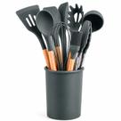 Kit Utensílios Cozinha Silicone 12 Peças Antiaderente com Suporte e Cabo de Madeira