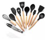 Kit Utensílios De Cozinha 12 Peças Silicone Cesto Bambu