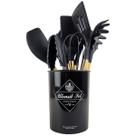 Kit Utensílios De Cozinha Cabos em Madeira e Silicone 11 Peças + Pote Organizador - Premium - Preto