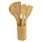 Kit Utensílios de Cozinha Em Bambu 5 Peças Com Suporte Decoração