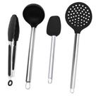 Kit Utensílios de Cozinha Inox e Silicone Mimo Style Preto 4pçs Pegador Concha Escumadeira e Espátula Não Risca